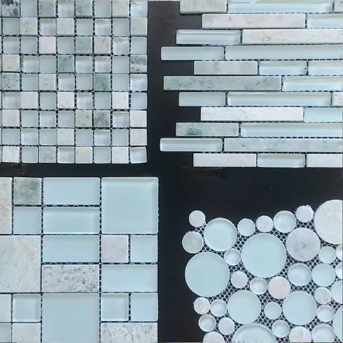This soft sea-glass mix brings a simple elegance to any space. The combination of the seafoam green glass and natural stone are the perfect mix of traditional and contemporary for 