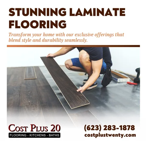 Enhance your space with stunning laminate flooring from Cost + 20% in Glendale & Surprise, AZ! 😍✨ Transform your home with our exclusive offerings that blend style and durability s