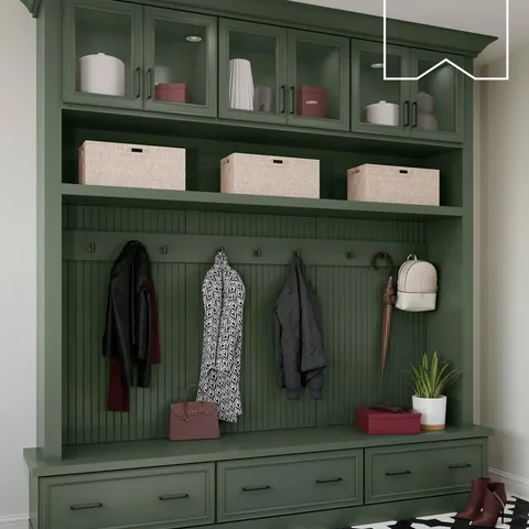 Bring balance and serenity to your home with Painted Sage. 🌿 This soft, earthy hue creates a welcoming, organized space in your drop zone or mudroom—where style meets everyday func