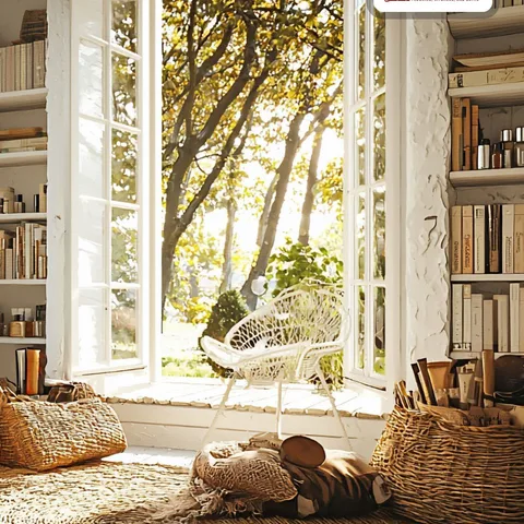 Morning light spilling through open windows.