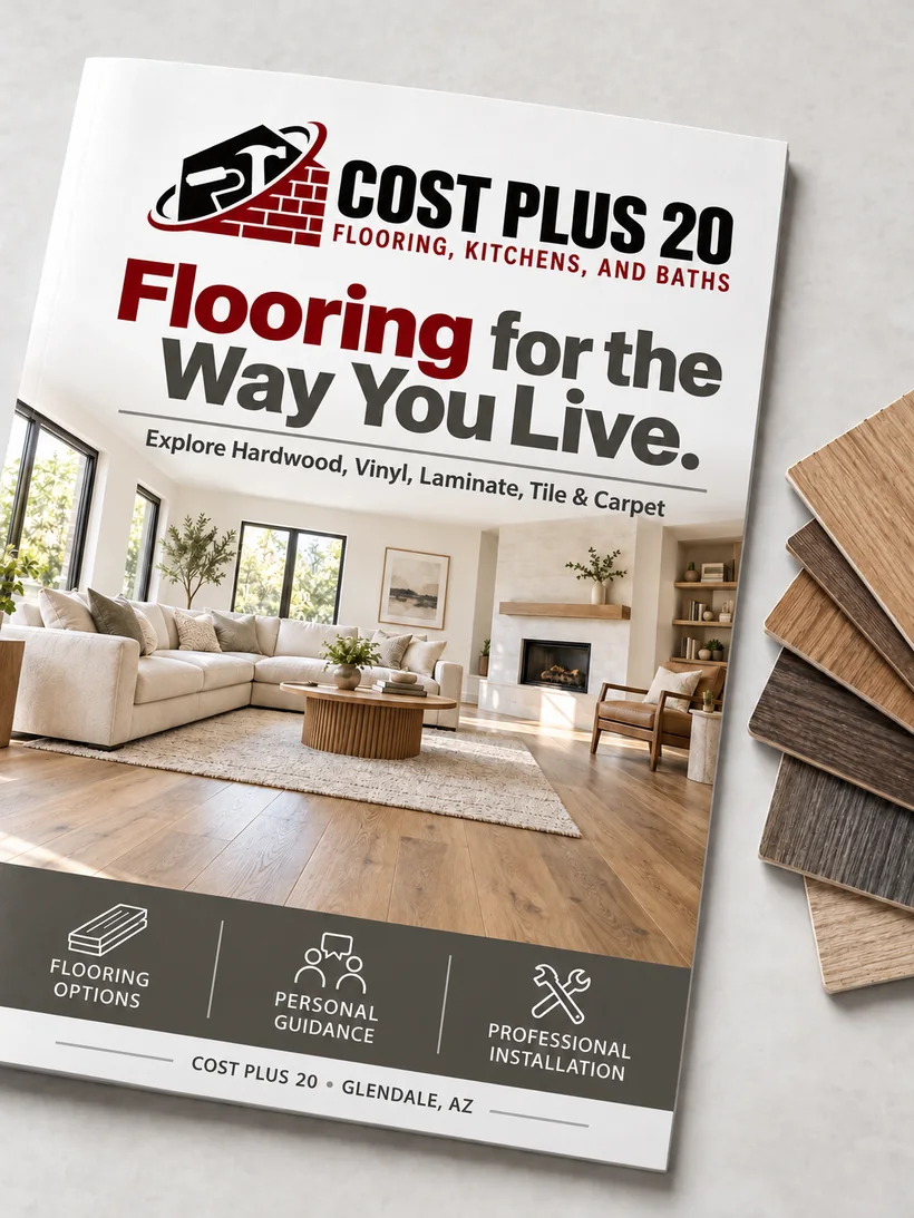 Cost Plus 20 flooring brochure beside wood samples
