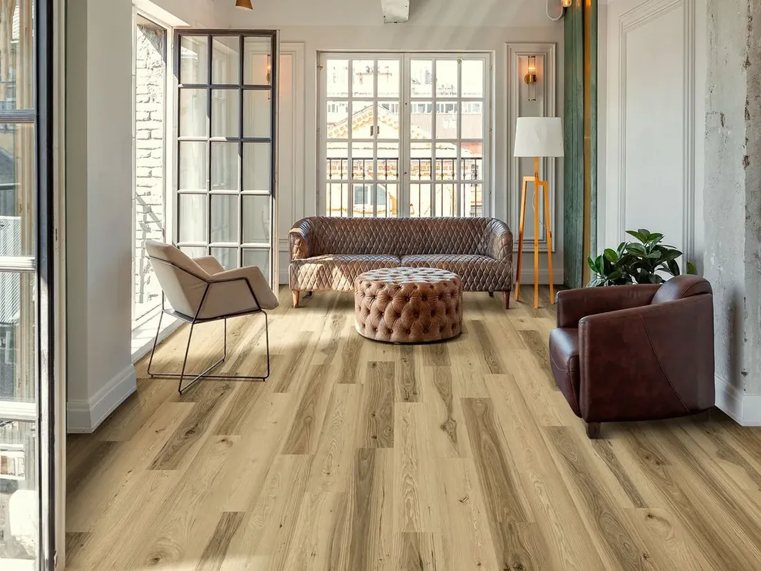 Bright living room with wood-look plank flooring