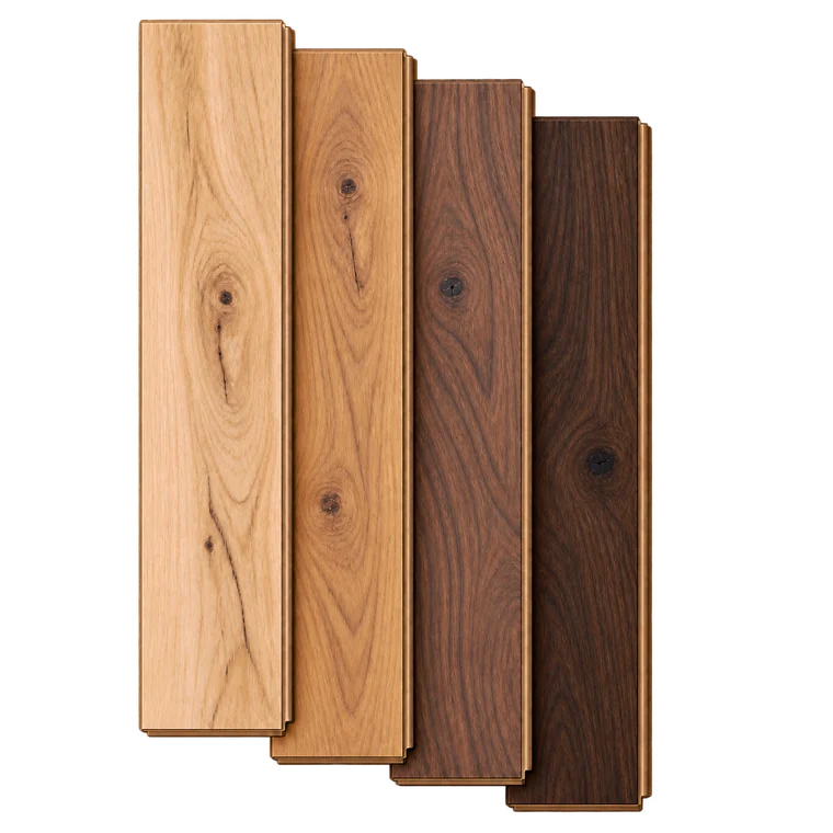 Four layered hardwood flooring planks from light oak to dark walnut