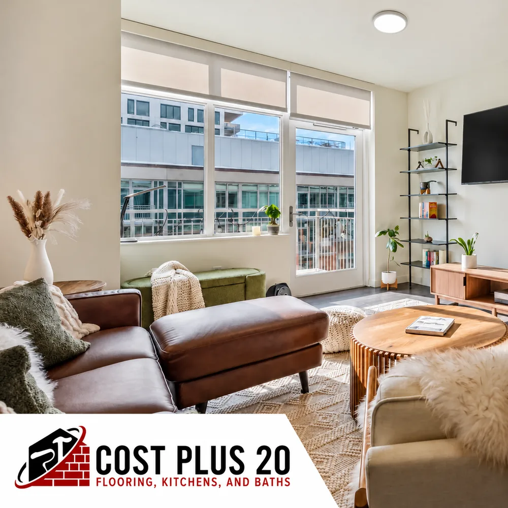 Bright living room with wood-look flooring, a patterned rug, and Cost Plus 20 branding