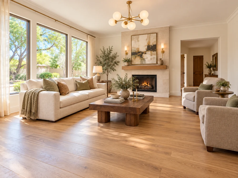 Renovation concept after: bright furnished living room with hardwood, stone fireplace, wall art and chandelier