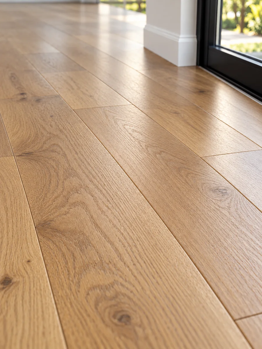 Close-up of warm oak plank flooring beside a glass patio door